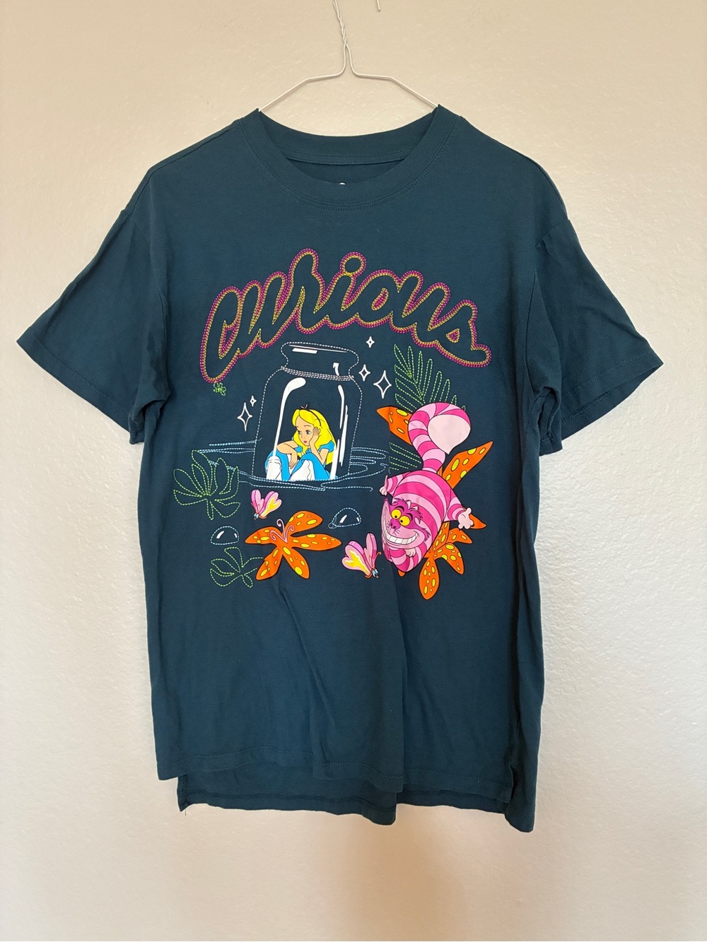 Disney Women’s XS Tee - Teal with Pink & Orange Alice in Wonderland Print